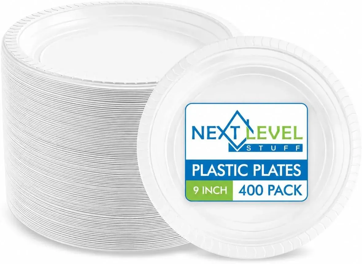 White Disposable Plastic Plates, 400 Count, Heavy Duty Dinner Plates for Parties, Events, and Everyday Use